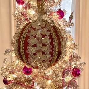 Vintage Handmade Beaded Push Pin Christmas Ornament Jumbo 5” Gold Braid Crystals